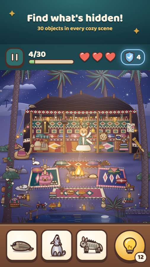 A night-time desert camp scene full of hidden objects